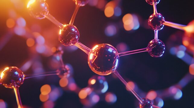 Close up view of colorful molecular structure against dark background. Generative AI - Powered by Adobe
