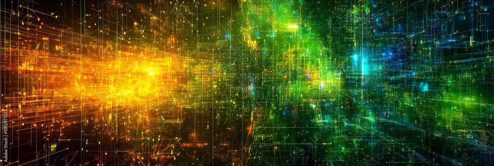 Poster futuristic abstract digital grid with glowing green and yellow light patterns, ideal for technology 