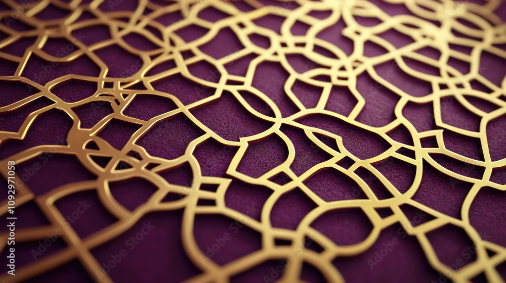 Poster an upscale visual of rich plum and gold tones, featuring intricate geometric patterns that interlock