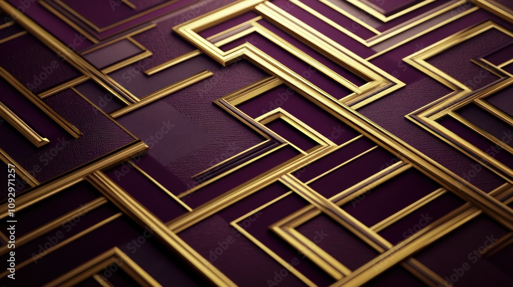 Poster an upscale visual of rich plum and gold tones, featuring intricate geometric patterns that interlock