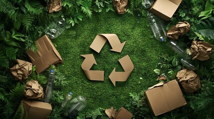 Recycling Symbol Made from Brown Paper Bags, Cardboard Boxes, and Plastic Bottles on Forest Green Grass, Moss, and Leaves. AI generated illustration