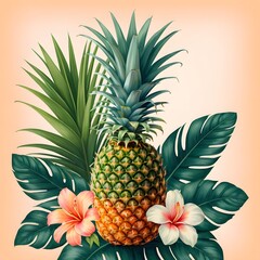 Fototapeta premium high-resolution colorful pineapple illustration with tropical leaves and flowers perfect for trendy decor and wall art