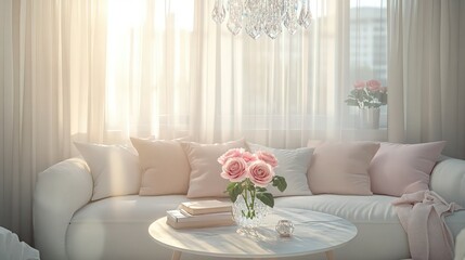 Cozy living room in soft pastels with a white sofa, pink throw pillows, and a central round table with pink roses. Sunlight filters through sheer curtains, illuminating a crystal chandelier.