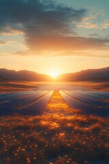 Stunning Sunset Over Solar Panel Field with Blooming Wildflowers in a Serene Mountain Landscape