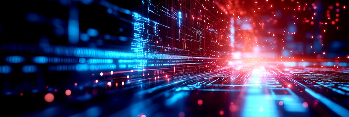 Fototapeta premium Futuristic digital data stream with glowing red and blue light effects showcasing advanced technology and high-speed connectivity