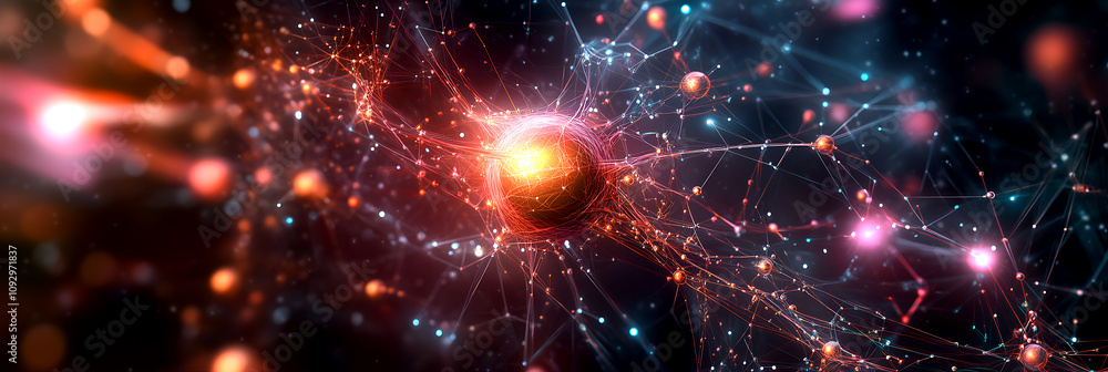 Poster title: futuristic neural network with glowing red and blue nodes showcasing advanced connectivity an