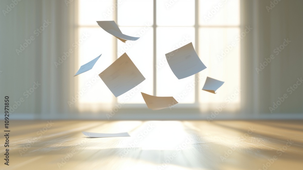 Poster abstract concept of floating tax forms in a calm interior setting with sunlight streaming through a 