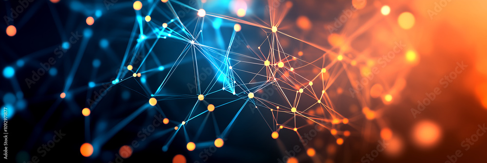 Poster futuristic neural network with glowing blue and orange nodes showcasing advanced connectivity and di