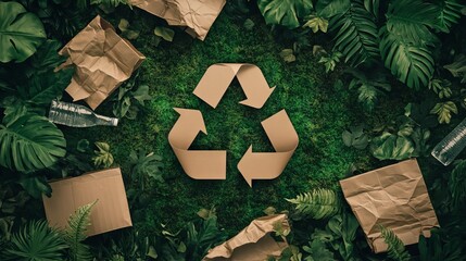 Recycling Symbol Made from Brown Paper Bags, Cardboard Boxes, and Plastic Bottles on Forest Green Grass, Moss, and Leaves. AI generated illustration