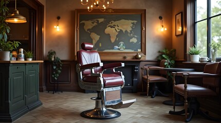 interior of a luxury barbershop. A painting depicting the planet and continents in a barbershop. Leather chair for hairdresser.