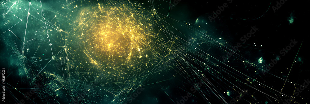 Poster abstract golden energy burst with teal particle streams showcasing futuristic motion and advanced vi