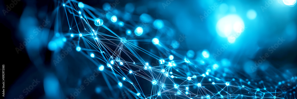 Poster abstract blue neural network with glowing nodes showcasing futuristic connectivity and advanced digi