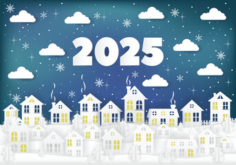 Winter urban countryside landscape village with paper houses, pine trees. Merry Christmas and New Year background. Christmas season paper art style illustration