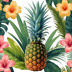 high-resolution colorful pineapple illustration with tropical leaves and flowers perfect for trendy decor and wall art
