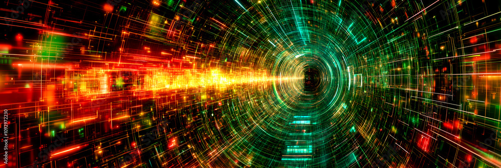 Poster futuristic digital tunnel with vibrant red and green glowing lights showcasing advanced technology a