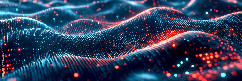 Poster dynamic digital wave with glowing blue and red particles showcasing futuristic energy motion and adv