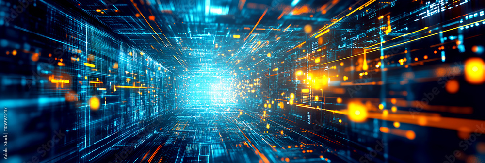 Poster futuristic data tunnel with glowing blue and orange particles showcasing advanced technology and hig