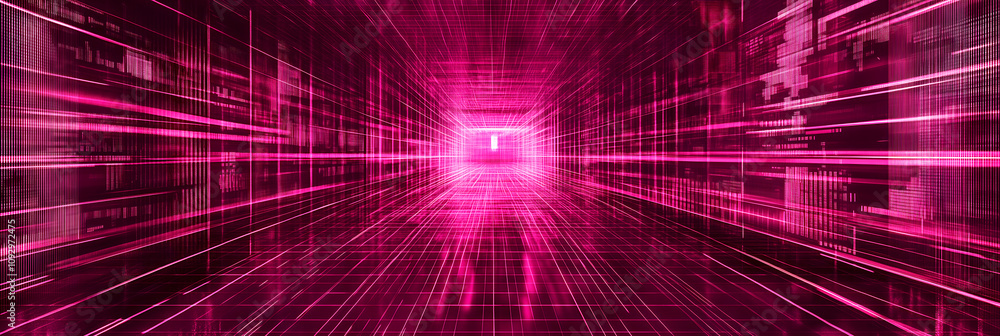 Poster futuristic digital tunnel with vibrant pink glowing light showcasing advanced technology and data fl