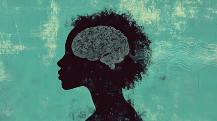 Silhouette of a Head with Brain and Sound Waves Against a Blue Background. AI generated illustration