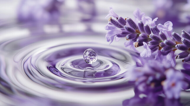 Swirling ripple water with clear droplet and purple lavender flower represent pure and beauty from organic nature extracted ingredient. - Powered by Adobe