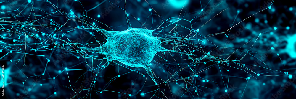 Poster neural network structure in glowing blue light illustrating biological connections and futuristic ar