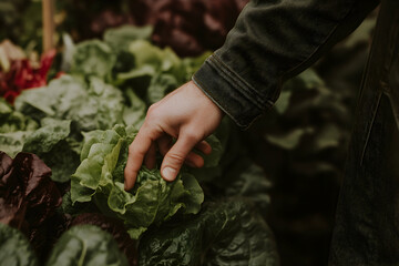 A hand gently touches fresh green lettuce leaves in a garden, showcasing the vibrant colors and textures of organic produce.