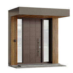 A brown door with a silver handle and a glass panel