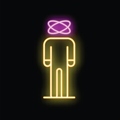Neon sign depicting a stylized man with a pink and purple atom symbol replacing his head, on a black background