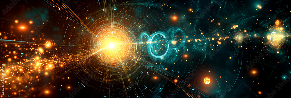 Poster glowing particle burst with abstract golden energy waves and cosmic elements showcasing futuristic m
