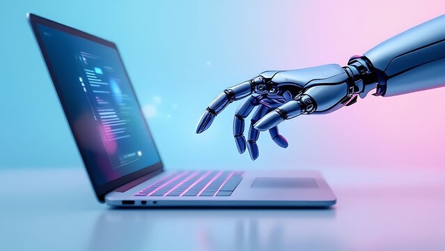 Robotic hand pressing a keyboard on a laptop 3D rendering