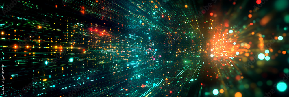 Poster dynamic particle explosion with glowing green and orange light effects showcasing futuristic motion 