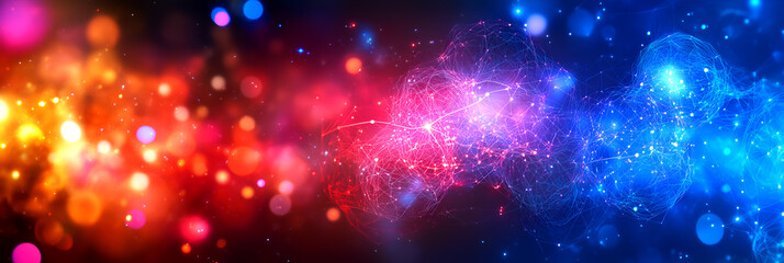 Dynamic glowing particles in vibrant red, pink, and blue hues showcasing futuristic motion and digital energy visualization