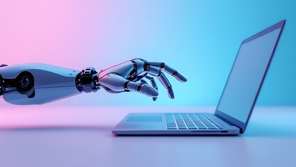 Robotic hand pressing a keyboard on a laptop 3D rendering