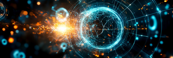 Obraz premium Futuristic holographic sphere with glowing blue and orange light effects showcasing advanced technology and digital innovation