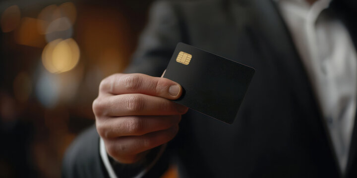 businessman holding a credit card privileges hight level personal payment purchase luxury class show membership bokeh background