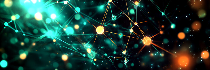 Fototapeta premium Abstract neural network structure with glowing green and orange nodes showcasing futuristic connectivity and advanced technology visualization design