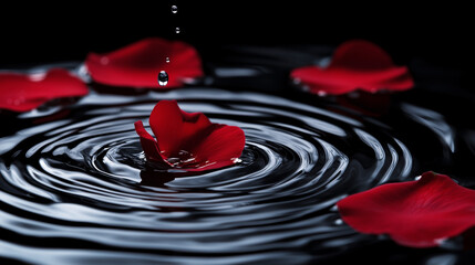 Swirling ripple clear water with red rose on black background represent luxury rich beauty extracted of liquid product.