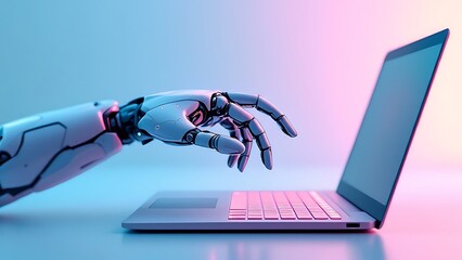 Robotic hand pressing a keyboard on a laptop 3D rendering