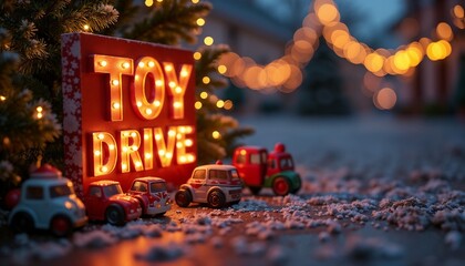 Christmas Toy Drive display with lit sign and vintage toy cars in a festive outdoor setting