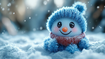 Obraz premium Illustration of snowman in scarf, character, mascot, banner with copy space, Happy New Year and Merry Christmas