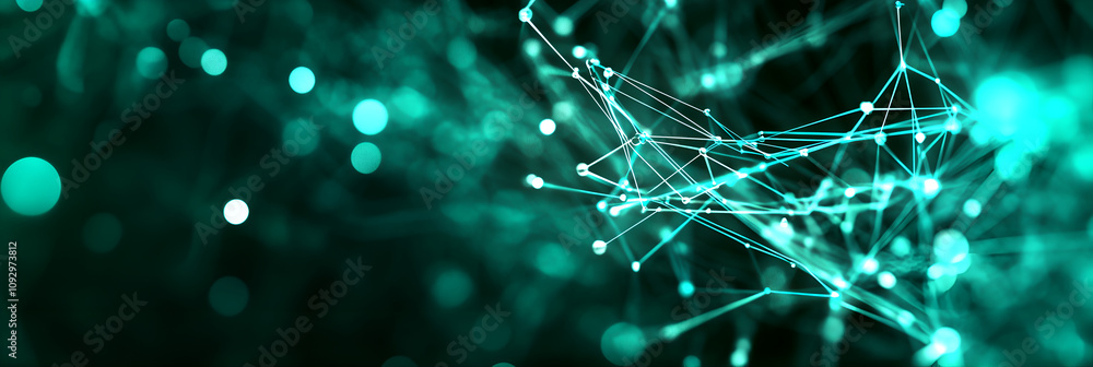 Poster abstract neural network with glowing green light illustrating connectivity and futuristic data visua