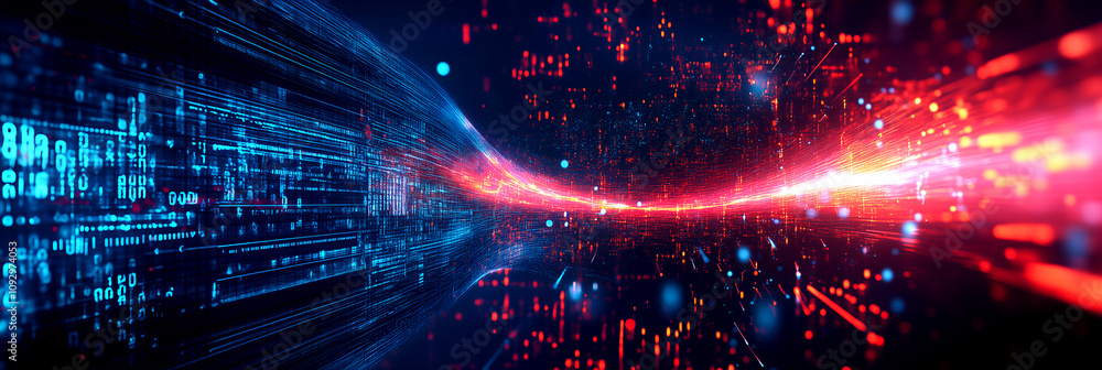 Poster futuristic data stream with glowing red and blue light showcasing high-speed digital flow and techno