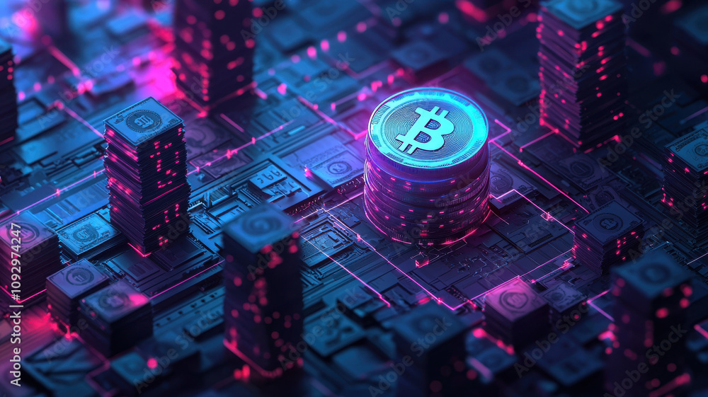 Poster digital currency concept with glowing bitcoin symbol surrounded by stacks of coins and circuit patte