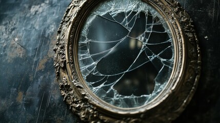 Fototapeta premium Oval-shaped vintage frame with cracked glass and dust