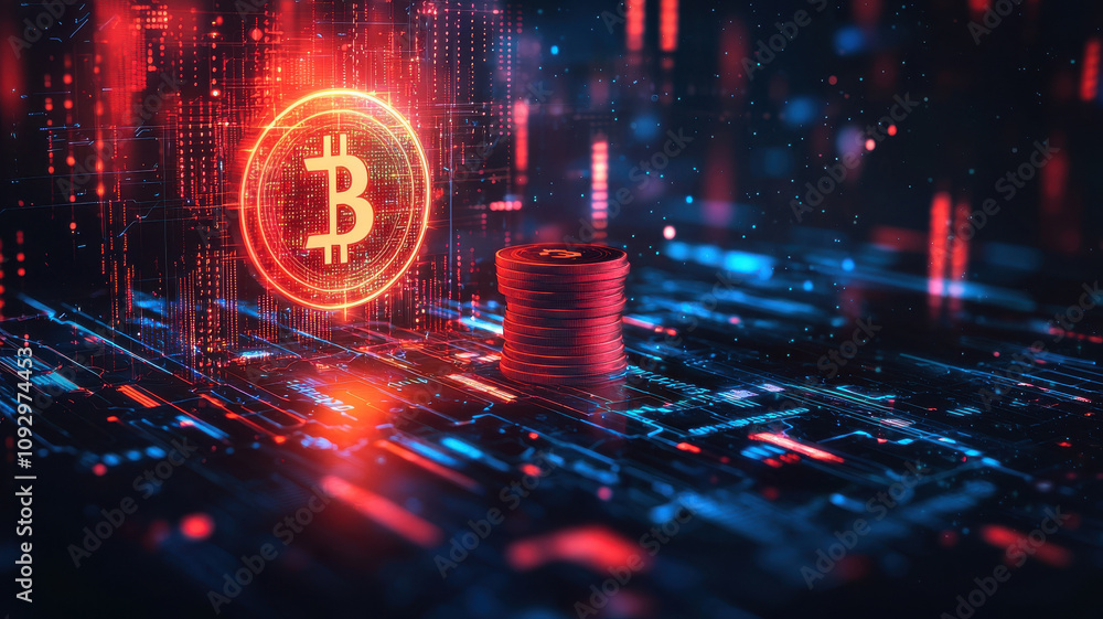 Poster glowing bitcoin symbol with stacks of coins on digital background, representing cryptocurrency and f