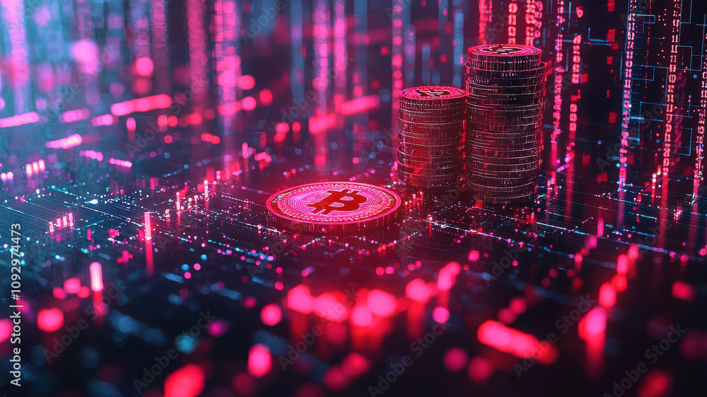 Poster digital currency concept with glowing bitcoin coins and data streams