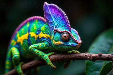 Fototapeta premium Colorful chameleon perched on lush artificial plant