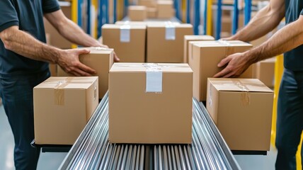Fototapeta premium Two workers moving sealed cardboard boxes on a conveyor belt in a warehouse, representing logistics, packaging, and shipping operations.