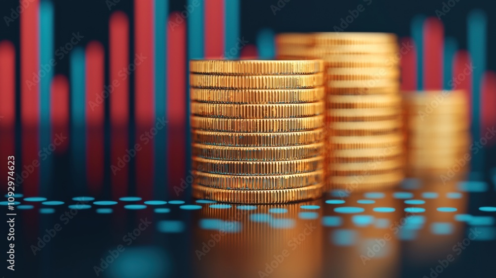 Poster Gold coins showing increasing profits with data graphs background
