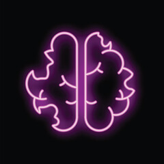 Glowing neon purple human brain icon illustration on a black background